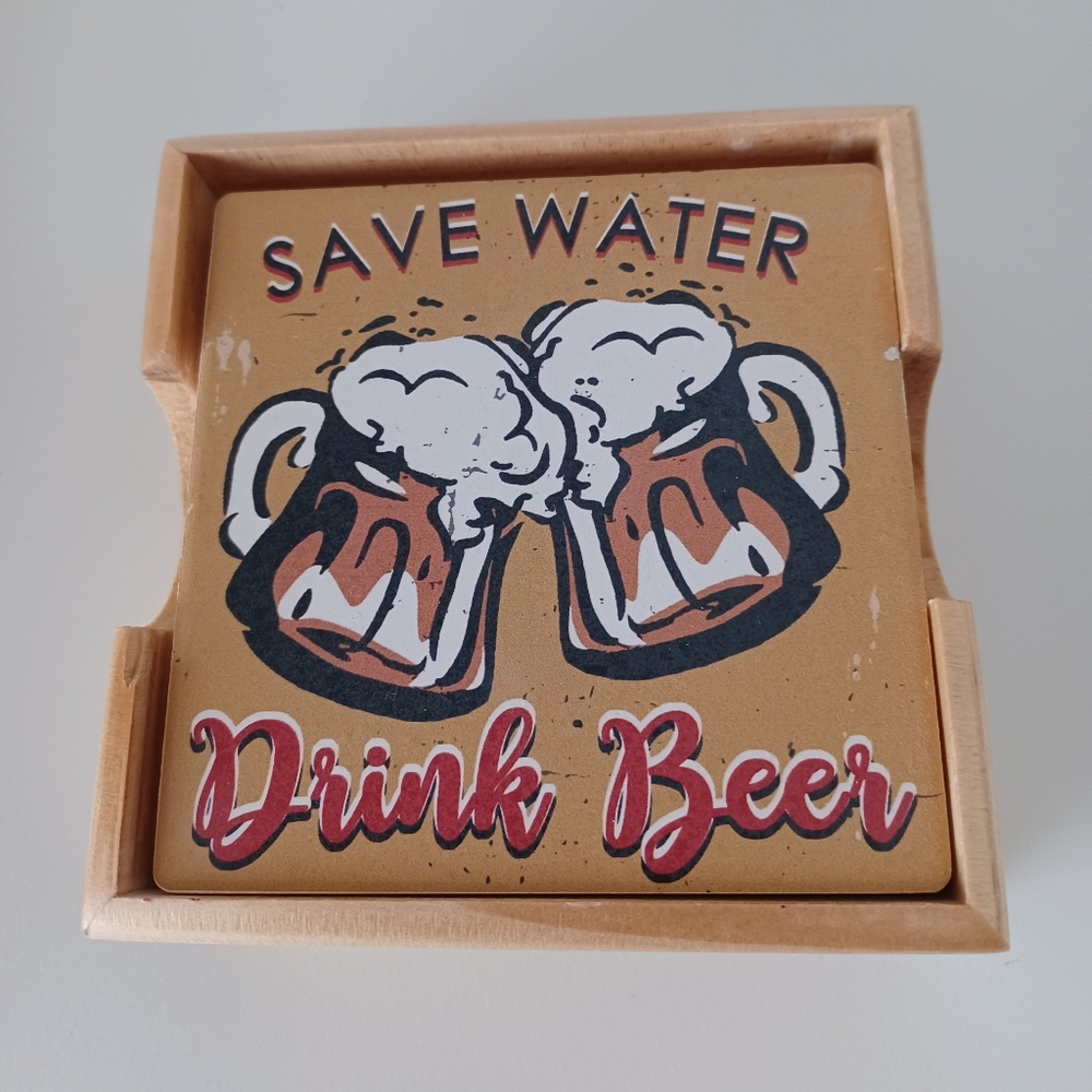 Four Save Water Drink Beer Coasters With Wooden Holder